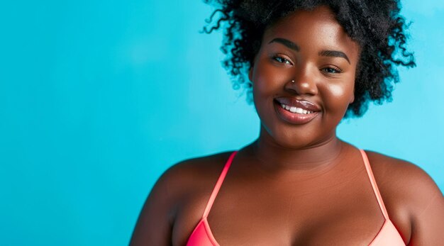 Een plus grootte zwarte Afro-Amerikaanse bikini model met krullend haar glimlacht en draagt een bikini top