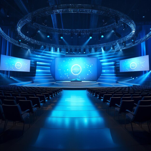 een podium met blauw licht en een bord met de tekst "de naam van de show".