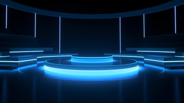 Een podium met een blauw licht waarop 'het woord live' staat