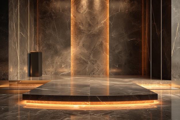 Een podium met een minimalistisch ontwerp met luxe marmeren texturen