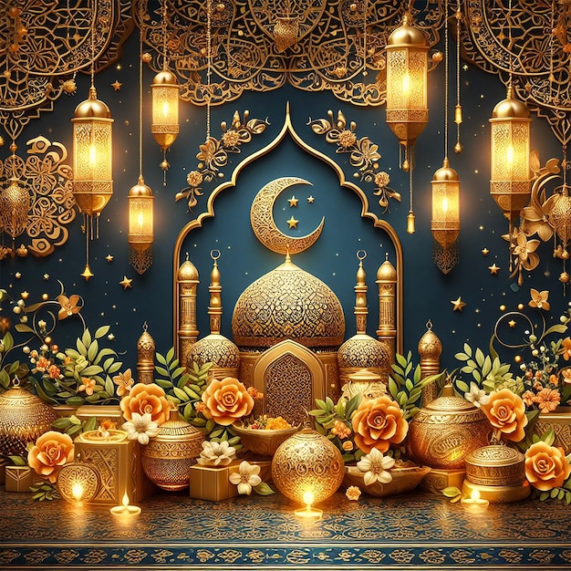 een podium met een moskee en een maan op de achtergrond