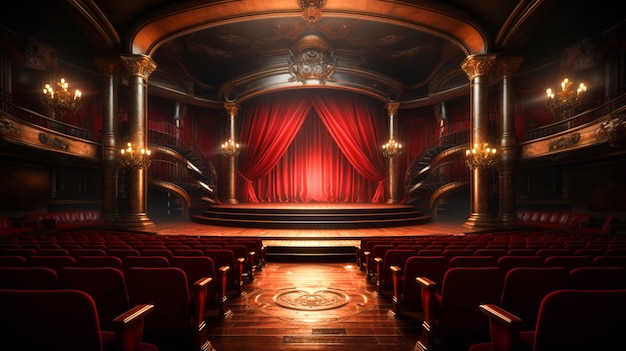 Een podium met een rood theater en een podium