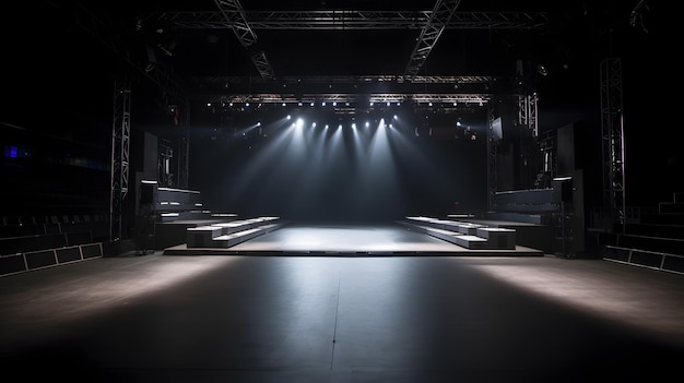 Een podium met licht aan en een podium met een zwarte achtergrond.