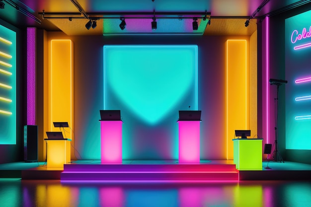 Een podium met neonlichten en een bord met de tekst 'ik ben een dj'