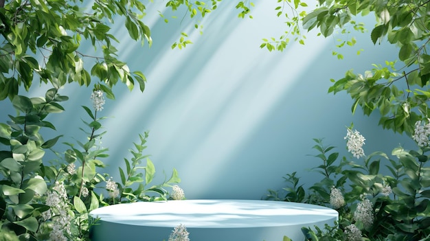 Een podium van natuurlijke schoonheid omringd door bladeren met een blauwe achtergrond