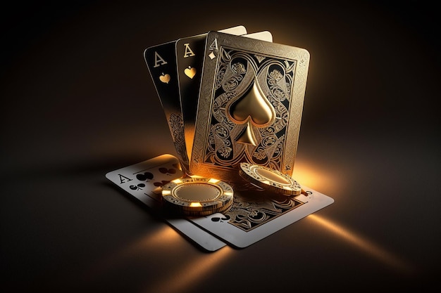 Een pokerspel met een gouden aas speelkaarten bovenop.