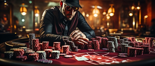 een pokerspeler aan een casinotafel met speelkaarten en fiches