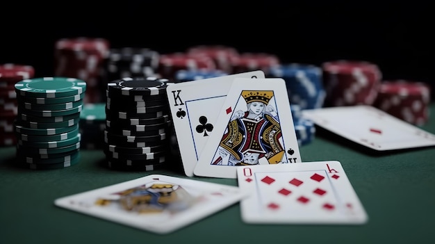 Een pokertafel met een koning van schoppen en een stapel pokerchips