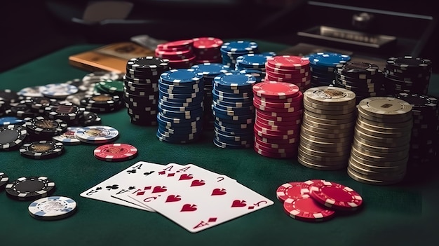 Een pokertafel met een pokerchip en een pokerchip erop