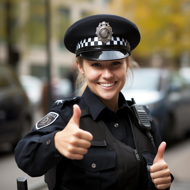 Een politie man vrouw met duim omhoog