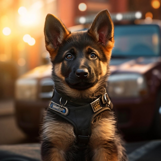 Een politiehond met op de achtergrond een politieauto.