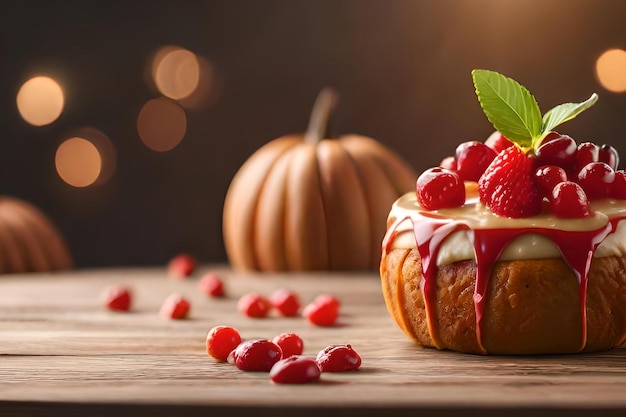 Een pompoen en een cake met frambozen erop