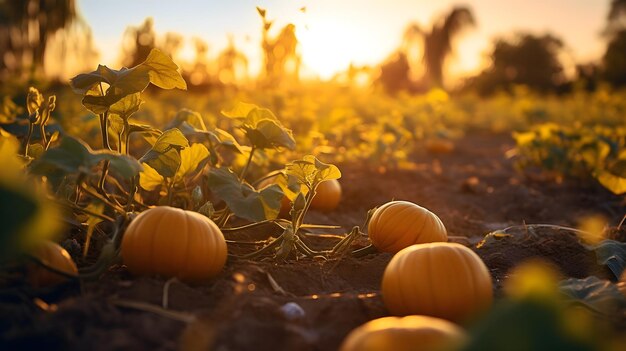 Een pompoenveld bij zonsondergang in warme kleuren