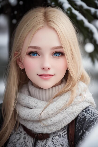 Een pop met blauwe ogen en een sjaal.
