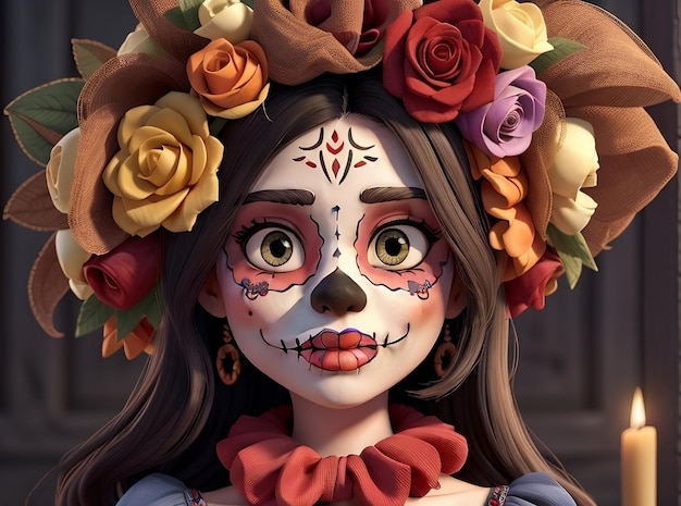 een pop met een bloemkroon en een schedel