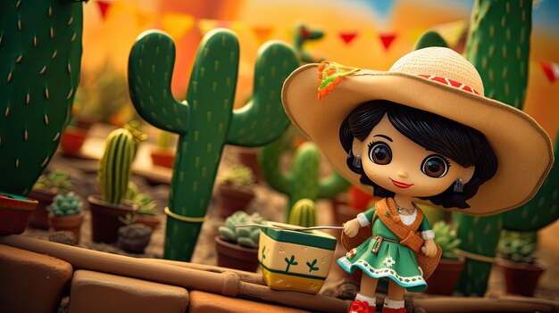 een pop met een hoed en een cactus erop