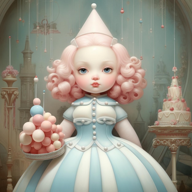 Een pop met een roze hoed en een taart met een taart in het midden.