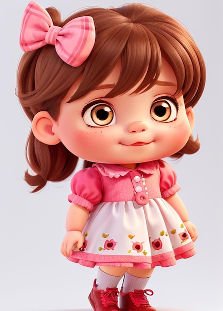 Een pop met een roze jurk en een roze strik
