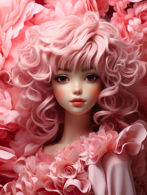 een pop met roze haar en roze haar wordt getoond
