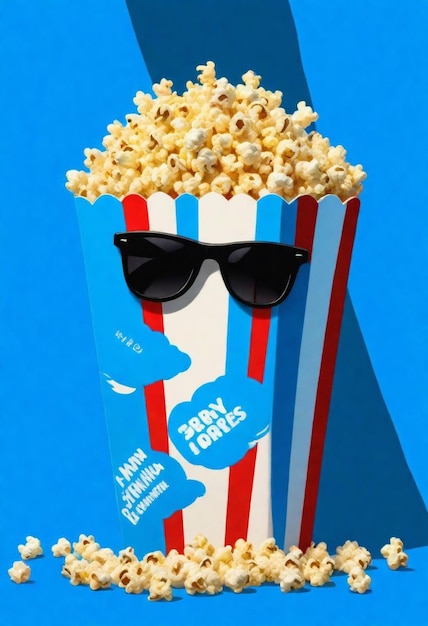 een popcorndoos met een bril en een zonnebril erop