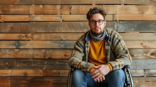 Een portret met een kantoormedewerker die zelfverzekerd naar de camera kijkt met een jonge rolstoelgebruiker die vertrouwen uitstraalt terwijl hij rechtstreeks naar de kamera kijkt. De achtergrond toont houten paneelen