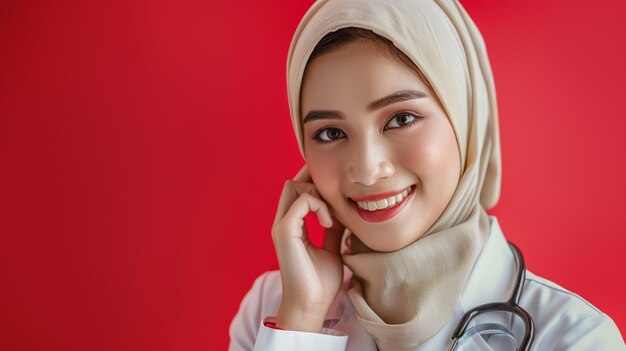 Een portret van een aantrekkelijke en professionele Aziatische moslim vrouwelijke arts in een uniform en hijab staat met haar armen gekruist in haar kantoor in een ziekenhuis of kliniek