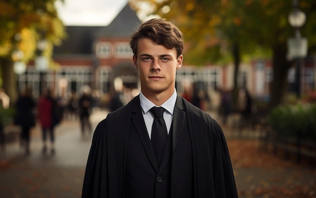 Een portret van een afgestudeerde in afstudeergewaad aan de universiteit