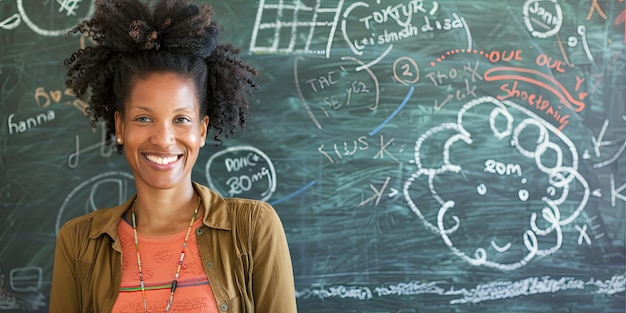 een portret van een Afro-Amerikaanse leraar die glimlacht voor een generatieve AI op een krijtbord