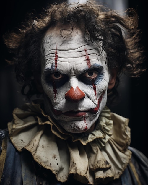 Een portret van een angstaanjagende zombie clown.