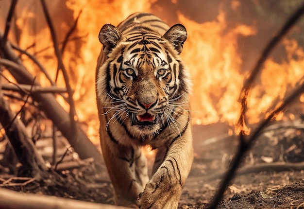 Een portret van een arme tijger ziet er verdrietig en boos uit terwijl hij probeert aan te vallen in een brandend bos