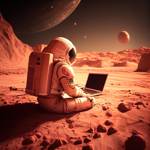 Een portret van een astronaut in een ruimtepak die op een laptop werkt Een hightech astronaut uit de toekomst