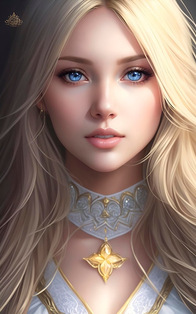 Een portret van een blonde vrouw met een gouden ketting.