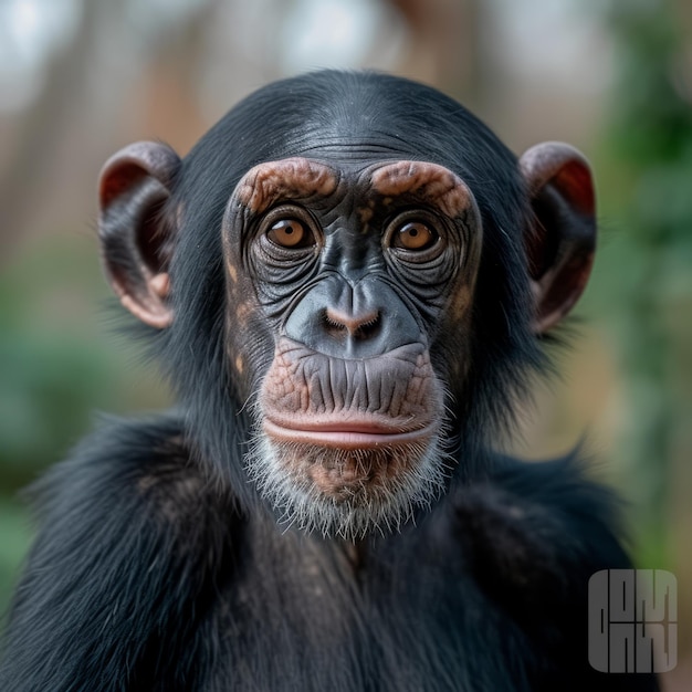 Een portret van een chimpansee die naar de camera kijkt