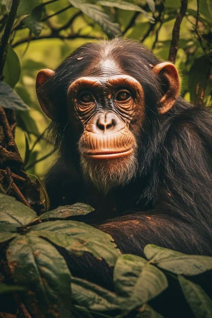 een portret van een chimpansee in een bos