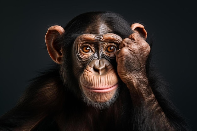 een portret van een chimpansee met een zwarte achtergrond