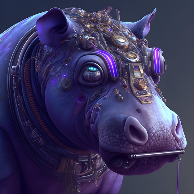 Een portret van een cyberpunk nijlpaard
