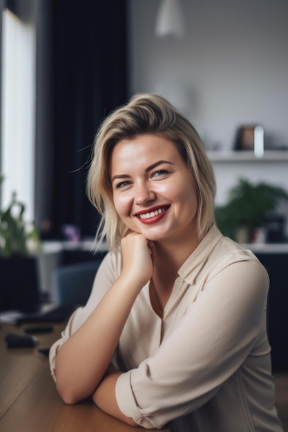 Een portret van een gelukkige jonge vrouw in haar kantoor