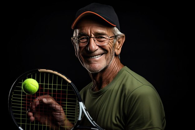 Een portret van een grijsharige man die een groen shirt, een pet en een bril draagt en een tennisracket in zijn handen houdt tegen een donkere achtergrond