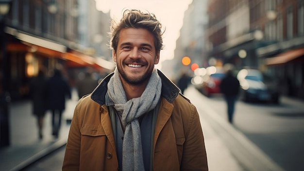 Een portret van een grijsharige man van middelbare leeftijd die op een straat staat met wazige stadsverlichting