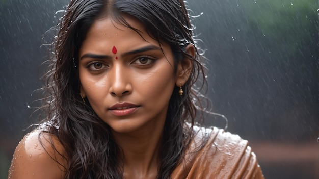 Foto een portret van een indiase vrouw in de regen