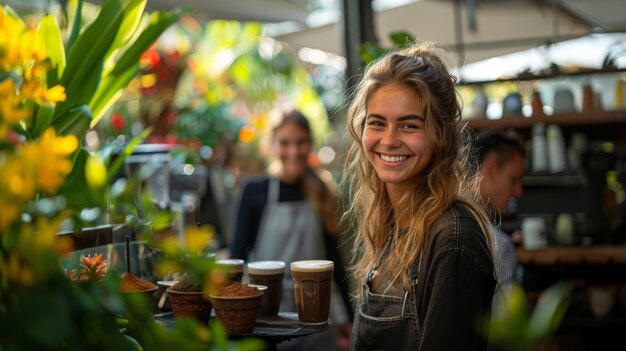 Foto een portret van een jonge glimlachende ober in een café