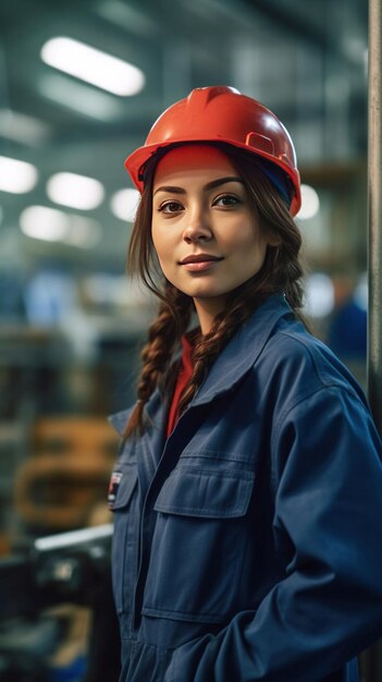 Foto een portret van een jonge mooie ingenieursvrouw die in een fabriek werkt.