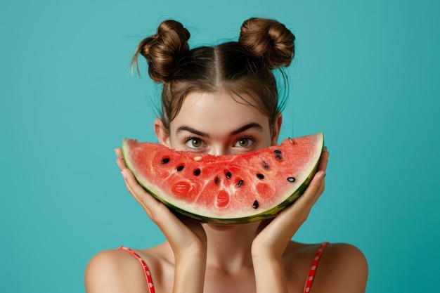 Een portret van een jonge vrouw die een stukje zomerwatermelon tegen haar gezicht houdt