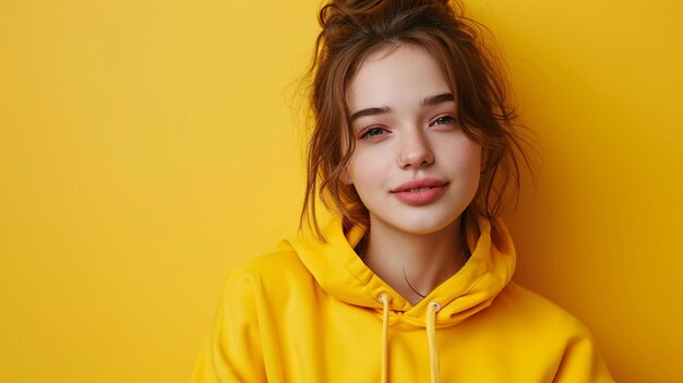 Foto een portret van een jonge vrouw in een gele hoodie op een gele achtergrond