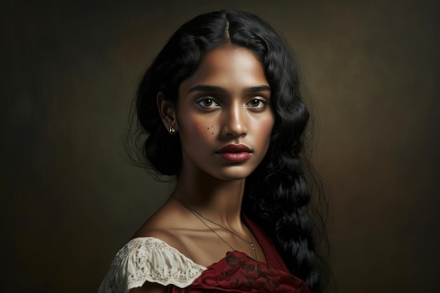 Een portret van een jonge vrouw met een rode sari.