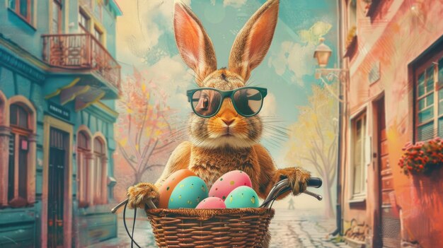 Foto een portret van een koel konijn in een zonnebril draagt gekleurde paaseieren in een mand