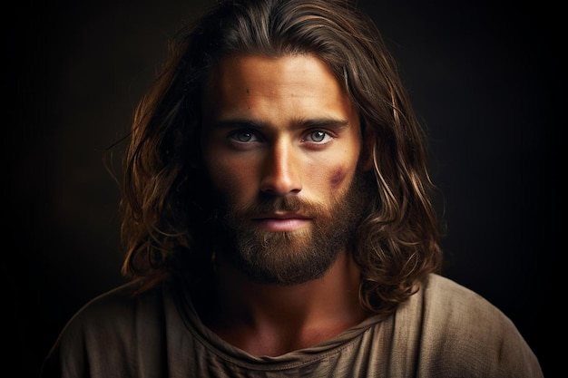 Foto een portret van een man met een baard en een kruis op zijn gezicht.