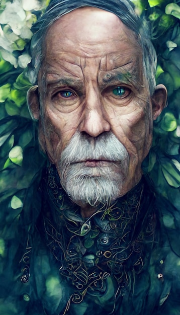 Een portret van een man met groene bladeren op zijn gezicht.