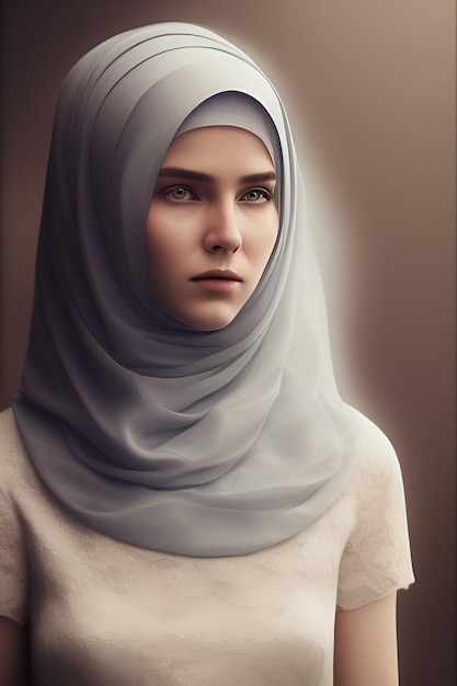 Een portret van een meisje in een grijze hijab