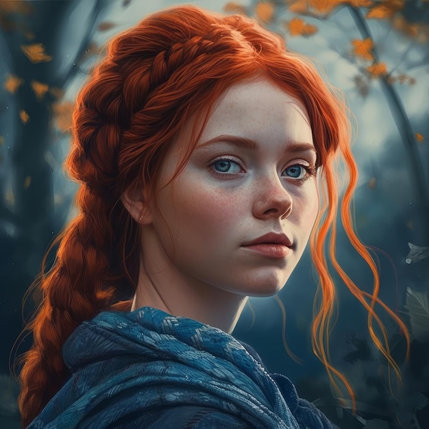 Een portret van een meisje met rood haar en blauwe ogen.